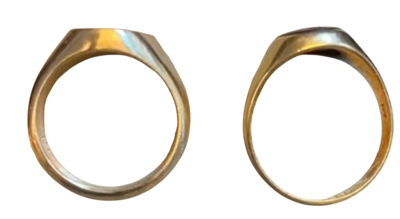 Qualitätsvergleich zweier Siegelringe: Ein sehr dünn verarbeiteter Ring im Vergleich zu einem massiven, hochwertig gefertigten Siegelring der Goldschmiede Stephanie Berger.